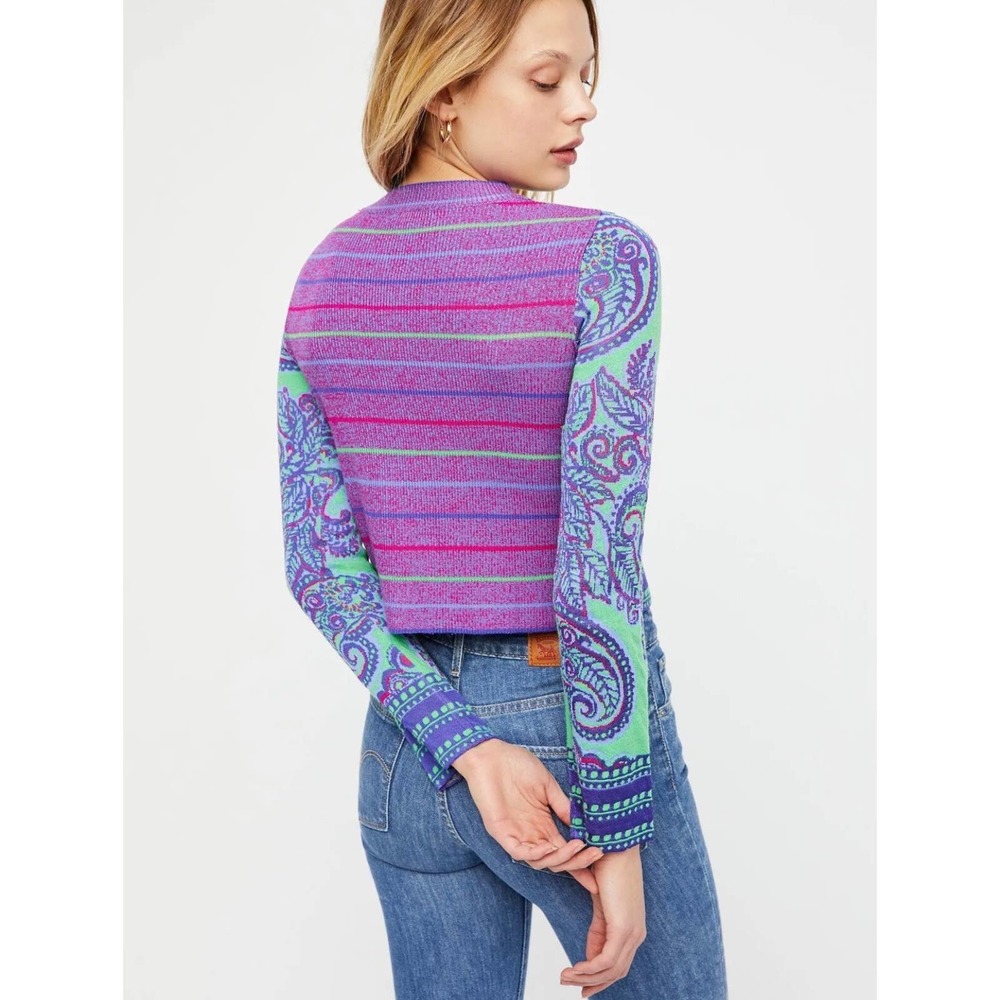 Free People New Age Crewneck Sweater Green Paisley Size L - Picture 3 of 13